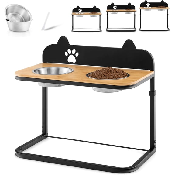 Elevated Dog Bowls Stand - Raised Pets Cats Feeding Station, 3 Adjustable Heights, 2 Stainless Steel Bowls, Metal Frame, Bamboo Tabletop, Tall Dog Food Water Bowls Holder Stand
