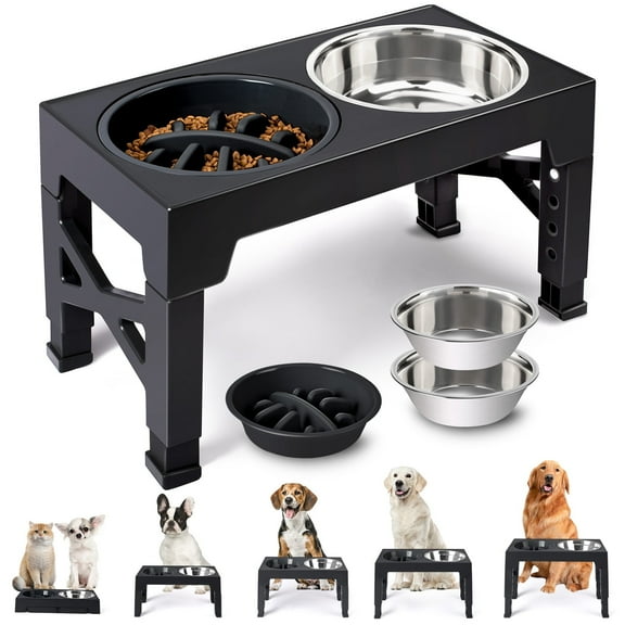 Elevated Dog Bowls Stand with 2 Stainless Steel Bowls & 1 Slow Feeder Adjusts to 5 Heights for Small Medium and Large Dogs(Black)
