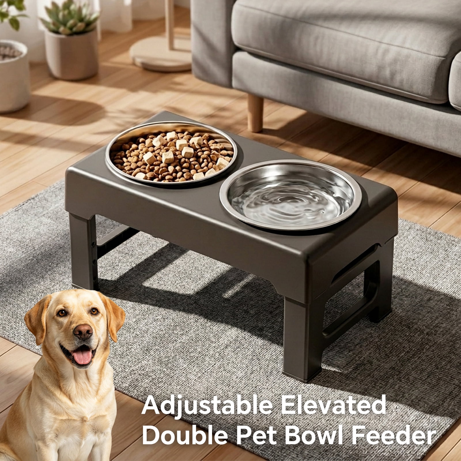 Elevated Dog Bowls Stand with Slow Feeder and 2 Stainless Steel Dishes, Height Adjustable Non-Slip Base Raised Pet Feeder for Most Sizes, Black