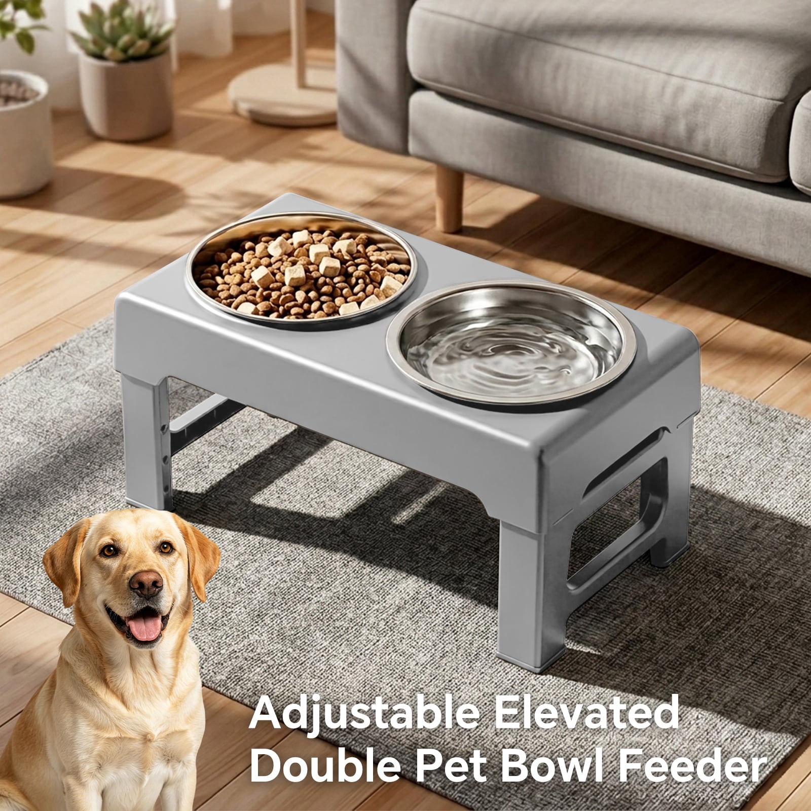 Elevated Dog Bowls Stand with Slow Feeder and 2 Stainless Steel Dishes, Height Adjustable Non-Slip Base Raised Pet Feeder for Most Sizes, Gray