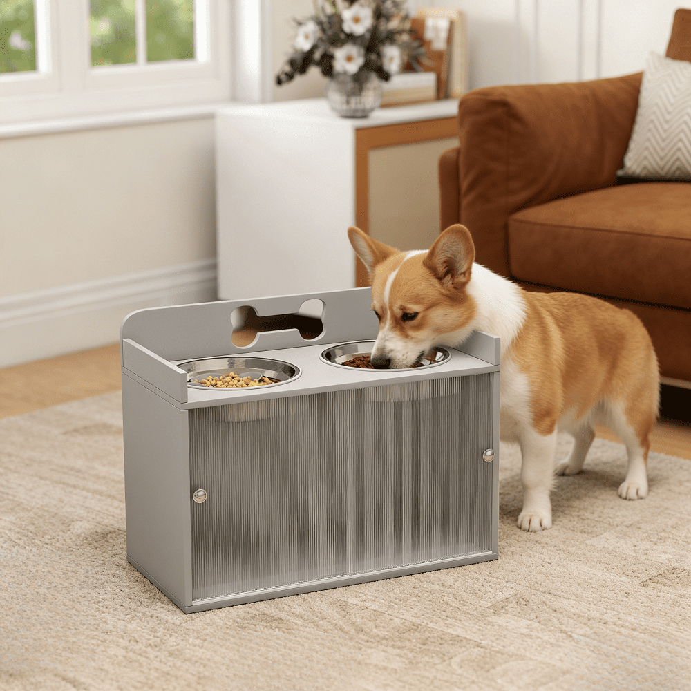Elevated Dog Bowls with Storage Cabinet Raised Dog Feeder Stand with Slow Feeder Stainless Steel Bowls Anti Spill Guard Large Dog Feeding Station for Kitchen Dining Room Indoor Pet Feeding Area