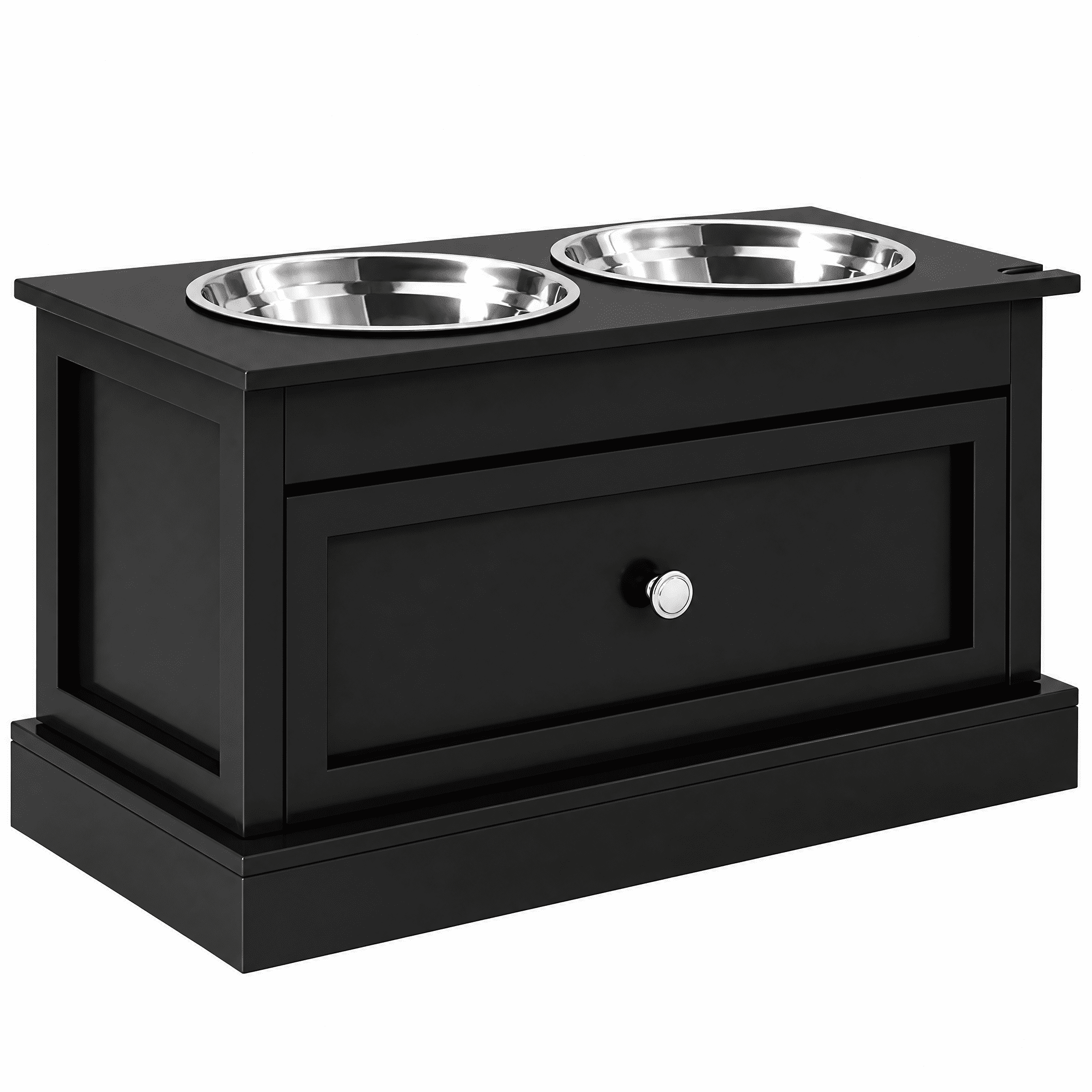 Elevated Dog Bowls with Storage Drawer, Raised Pet Feeder Stand with Dishwasher Safe Stainless Steel Bowls, Modern MDF Feeding Station in Black for Large Dogs