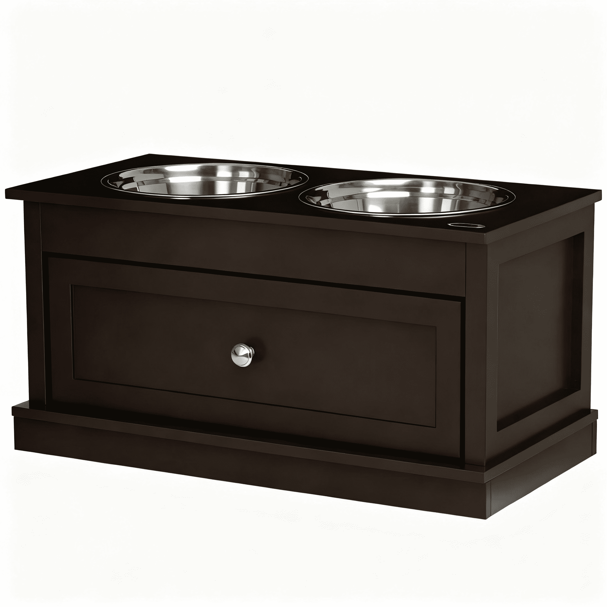 Elevated Dog Bowls with Storage Drawer, Raised Pet Feeder Station with Dishwasher Safe Stainless Steel Bowls, Modern MDF Feeding Stand in Espresso Brown for Large Dogs