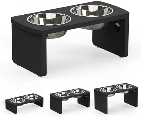 Elevated Dog Bowls, Waterproof Raised Dog Bowl for Medium Dogs, HIPS Poly Lumber Stand with 2 Stainless Steel Bowls, Indoor & Outdoor Use (7'' Tall-40 oz Bowl, Black)