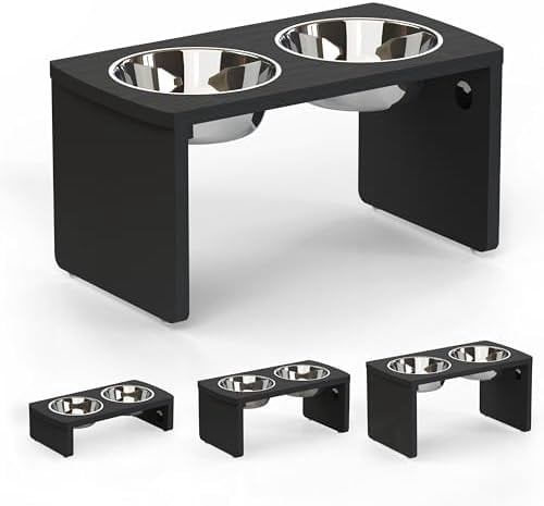 Elevated Dog Bowls, Waterproof Raised Dog Bowl for Medium & Large Dogs, HIPS Poly Lumber Stand with 2 Stainless Steel Bowls, Indoor & Outdoor Use (10'' Tall–48 oz Bowl, Black)