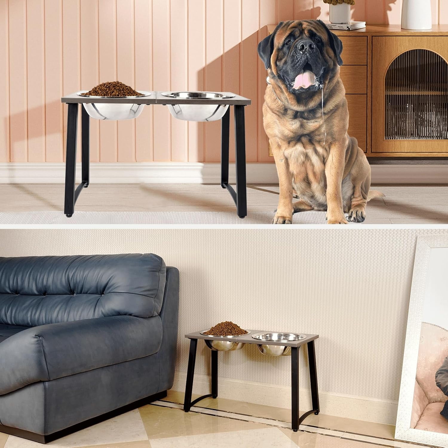 Elevated Dog Bowls for X-Large & Large Dogs, 16” Tall Raised Feeder Stand with 2×3000ML Stainless Steel Bowls and Slow Feeder, Heavy-Duty Dog Food & Water Bowl Set