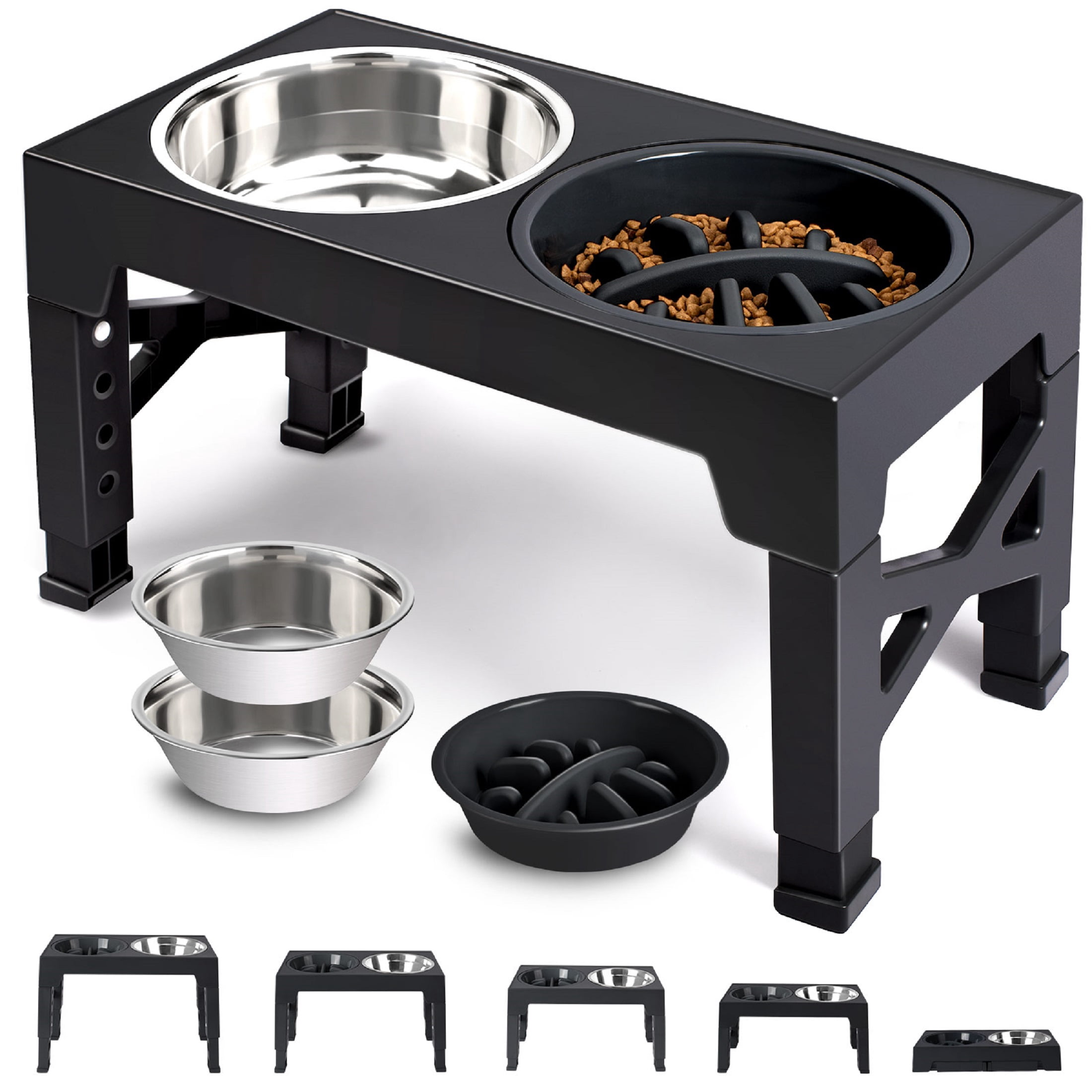 Heeyoo Adjustable Height Plastic Elevated Bowl with 2 Stainless Steel Dog Bowls for Dogs, Black