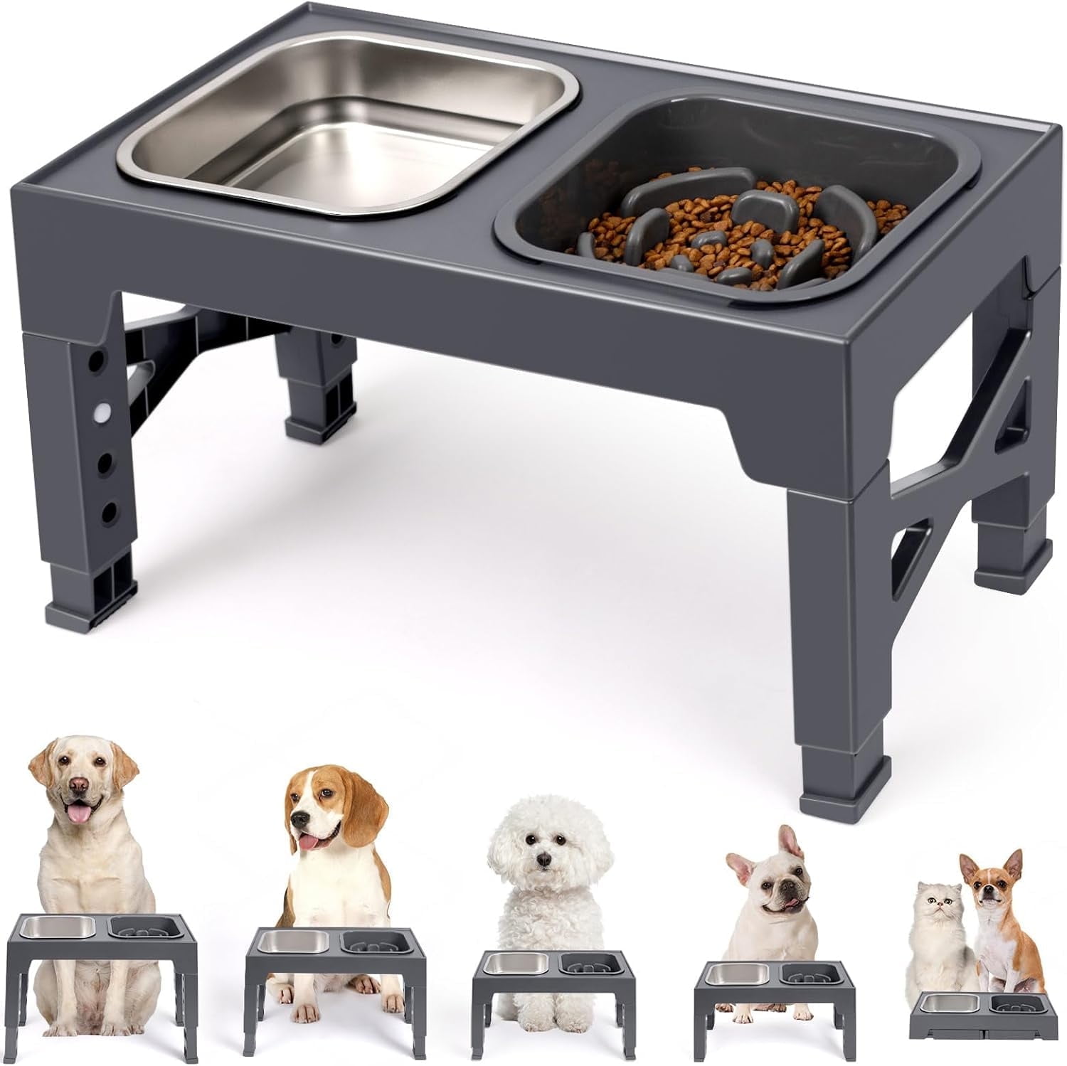 Elevated Dog Bowls, with Slow Feeder Bowl and Stainless Steel Dog Food Bowl