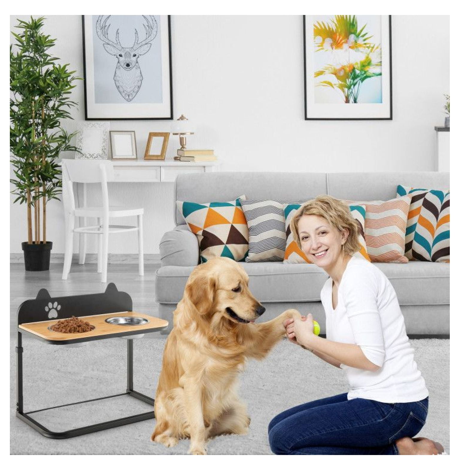 Elevated Dog Bowls with Stand - 2 Stainless Steel Bowls - Adjustable Height - Bamboo Tabletop - for Medium & Large Dogs - Pet Feeder