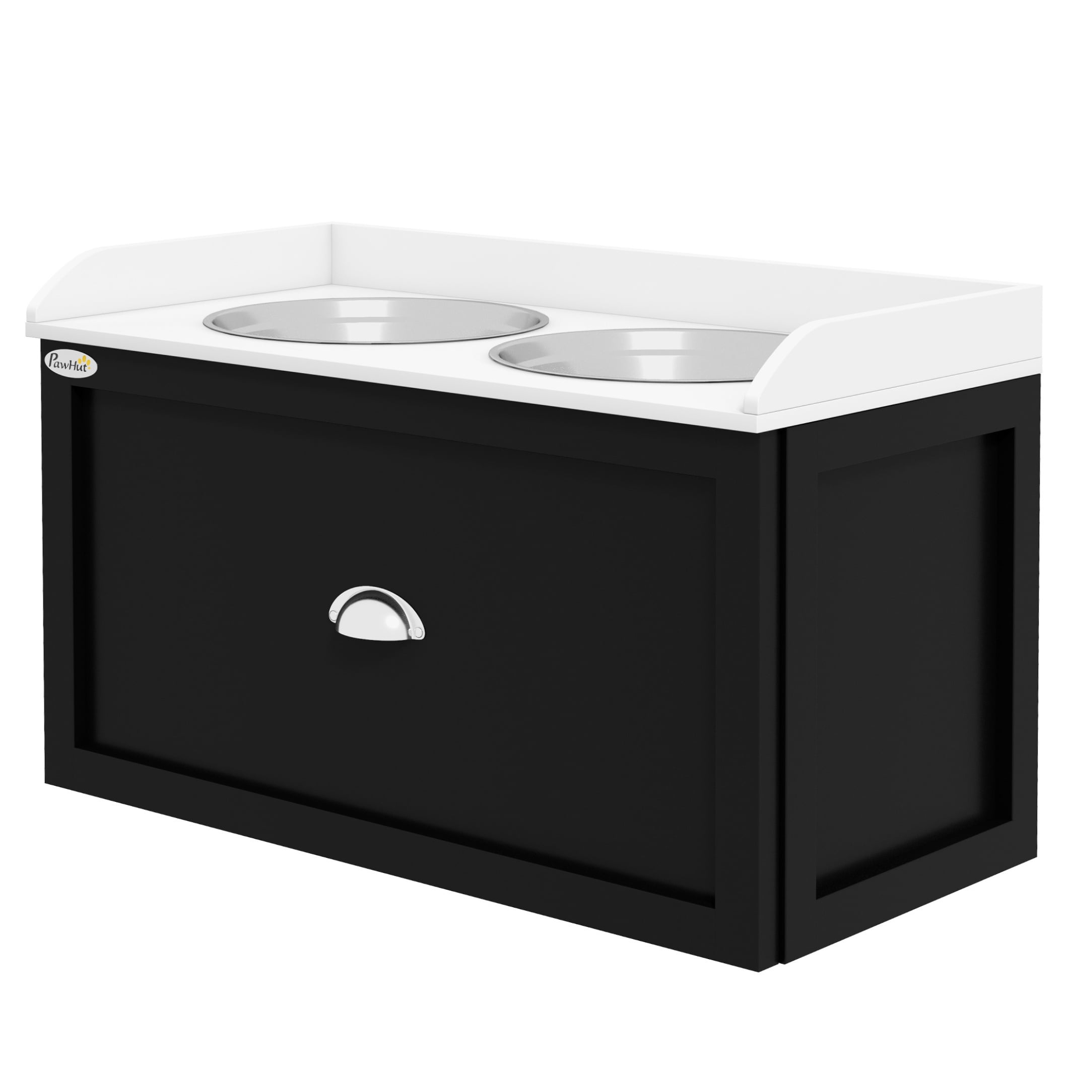 Elevated Dog Bowls with Storage, Pet Feeder Station for Large Dogs, 2 Stainless Steel Bowls, White & Black