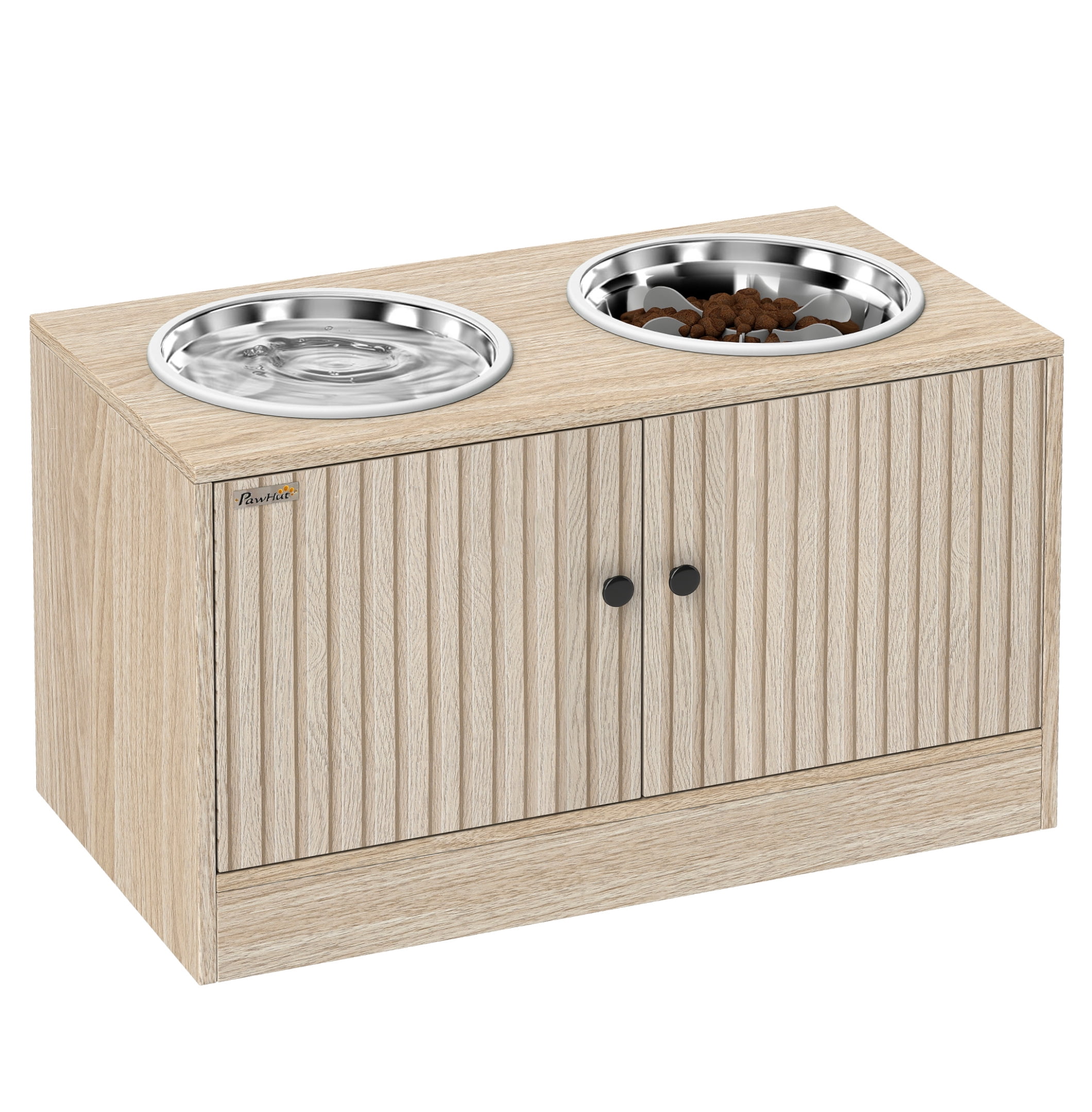 Elevated Dog Bowls with Storage, Stainless Steel, Slow Feeder, Large Dog Feeding Station, Oak Finish