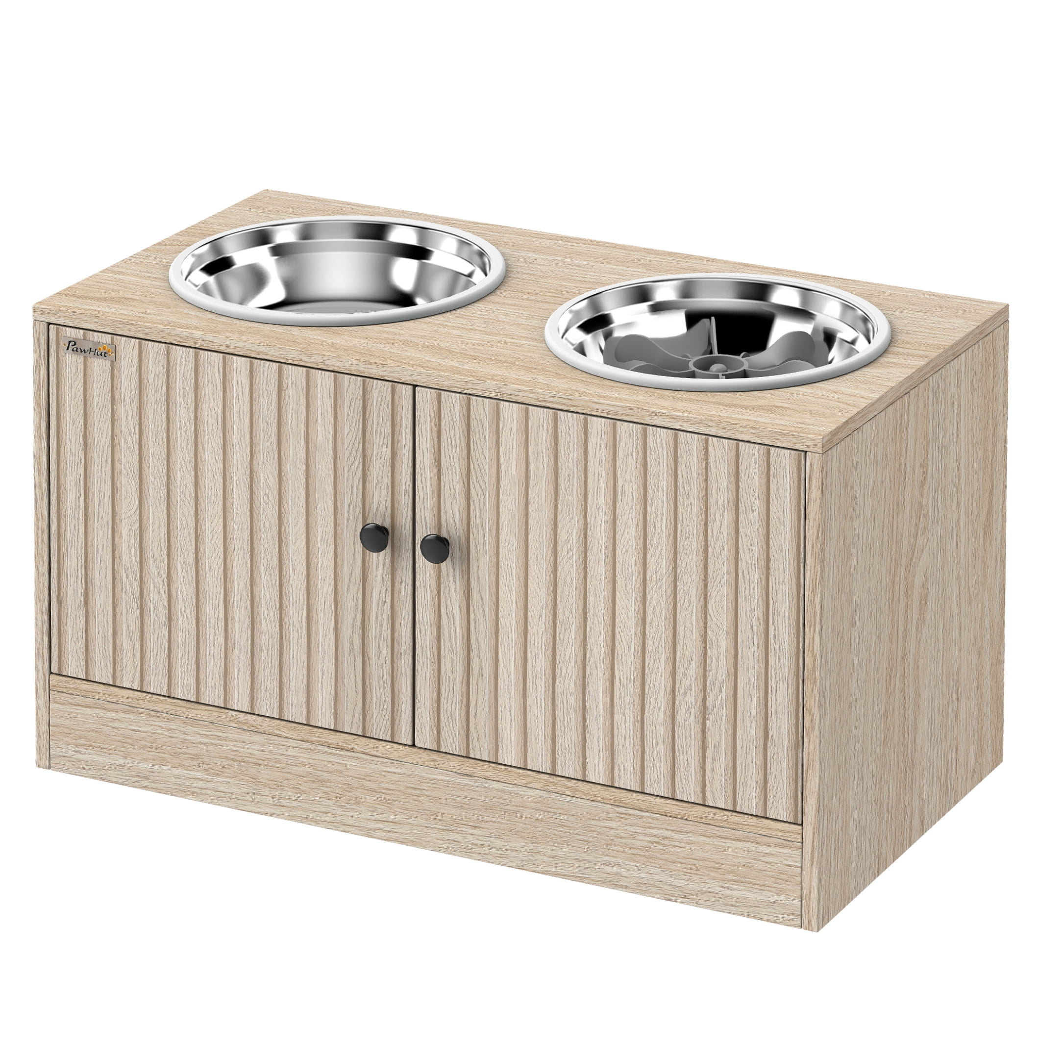 Elevated Dog Bowls with Storage, Stainless Steel, Slow Feeder, Large Dog Feeding Station, Oak Finish