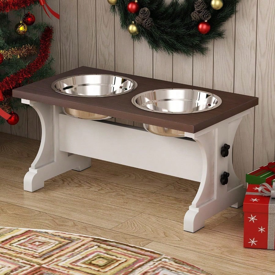Elevated Dog BowlsFarmhouse Dog Bowls Stand Raised Dog Bowl with 2 Stainl Steel Wooden Dog Bowl 3.5Cups8.5''H_30 oz BowlFarmhouse Style