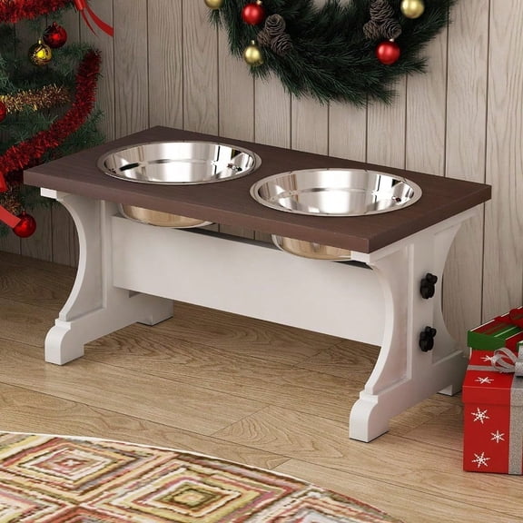 Elevated Dog BowlsFarmhouse Dog Bowls Stand Raised Dog Bowl with 2 Stainl Steel Wooden Dog Bowl 3.5Cups8.5''H_30 oz BowlFarmhouse Style