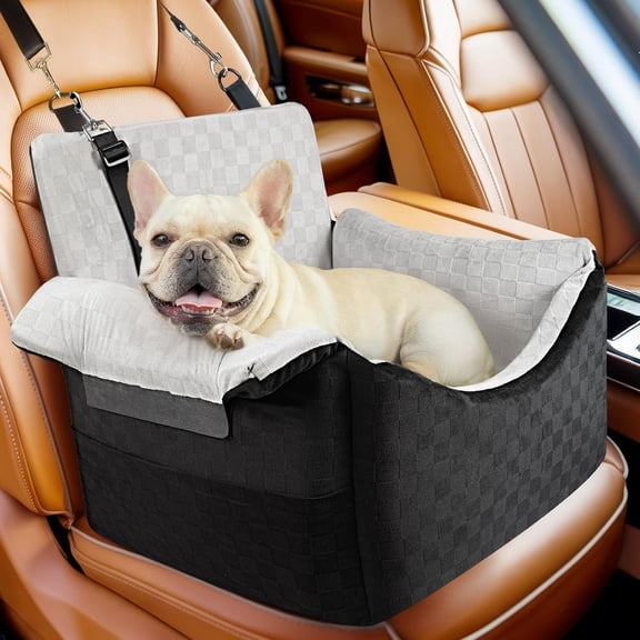 Elevated Dog Car Seat for Small Medium Dogs up to 30 lbs, Memory Foam Elevated Booster Seat with Headrests Support, Travel-Safe Car Bed with Detachable Washable Cover & Safety Belt