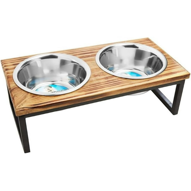 Elevated Dog Cat Feeder With Bowls    Solid Wood Stand With Two 