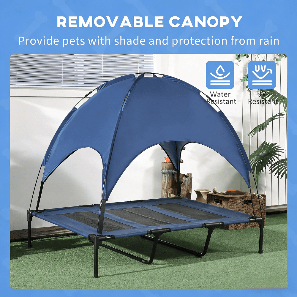Elevated Dog Cot Cooling Pet Bed with Canopy Outdoor Raised Dog Bed Foldable Portable Pet Cot Breathable Mesh Sleeping Bed for Large XL XXL Dogs Camping Backyard Patio Travel with Carry Bag