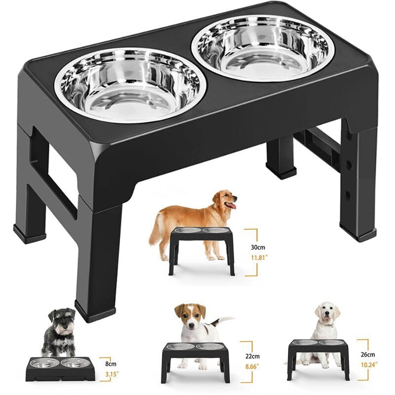Elevated Dog Feeder Bowls Stand with 2 Stainless Steel Dishes, Raised Dog Bowl Adjusts to 4 Heights for Medium and Large Dogs or Cats（Black）