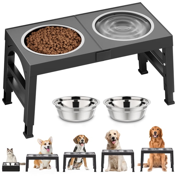 Elevated Dog Food Bowl, Raised Dog Bowls Stand Set, Pet Food Bowl Holder With 2 Stainless Steel Bowls, Pet Feeder Adjusts To 4 Heights 9/11/12/14in