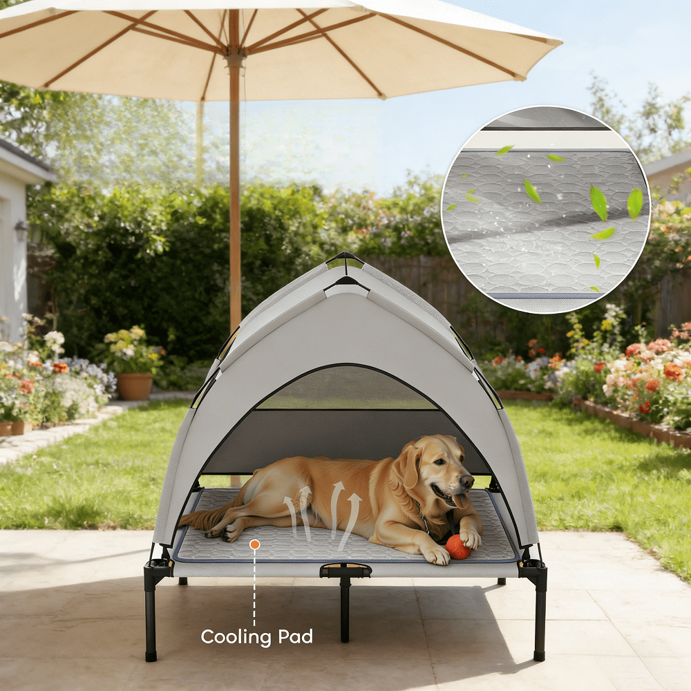 Elevated Dog House Outdoor Dog Bed with Canopy Cooling Pad Breathable Mesh Raised Dog Cot Portable Pet Bed with Sun Shade for Large Dogs Camping Patio Backyard Travel Sleeping Rest Area