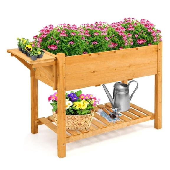 Elevated Garden Bed with 8 Grids & Folding Tabletop, Fir Wood Raised Planter Box Kit for Patio, Balcony, Outdoor Gardening, User-Friendly Height, Drainage Holes, 47" x 21" x 31.5"