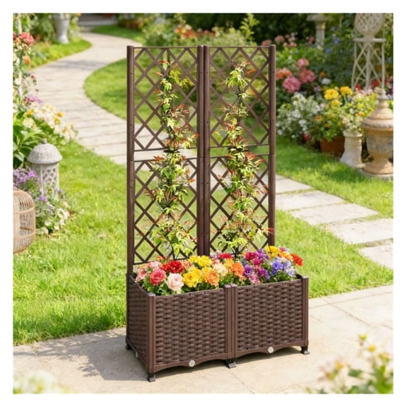 Elevated Garden Bed with Trellis & Wheels - 31.5" Plant Pot - Brown Self-Watering Planter Box for Vegetables, Flowers, Herbs - Outdoor Rolling Plant Rack