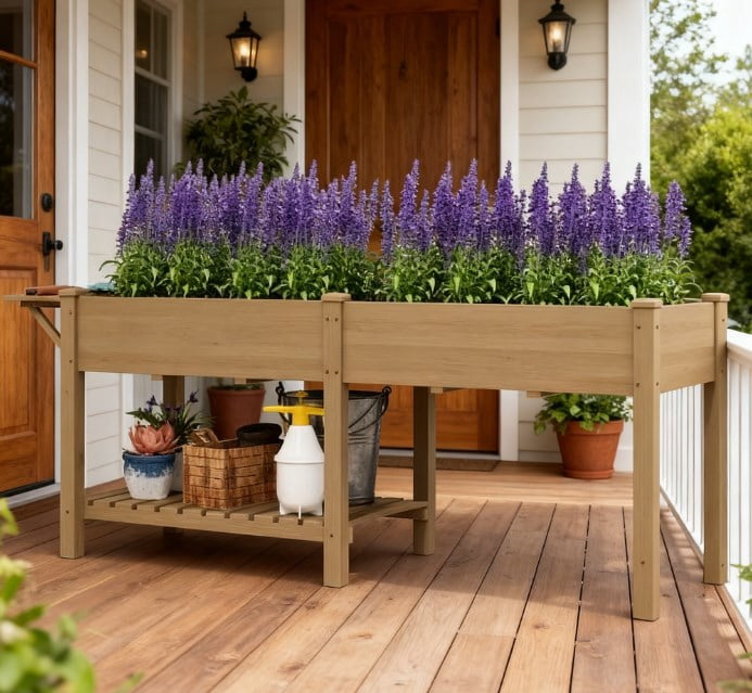 Elevated Garden Bed, Wood Raised Garden Box with Side Table, Bottom Shelf, Bed Liners and Drainage Holes