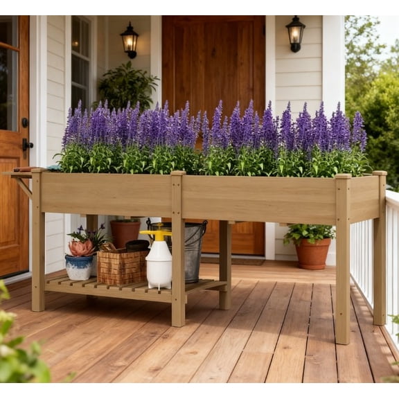 Elevated Garden Bed, Wood Raised Garden Box with Side Table, Bottom Shelf, Bed Liners and Drainage Holes