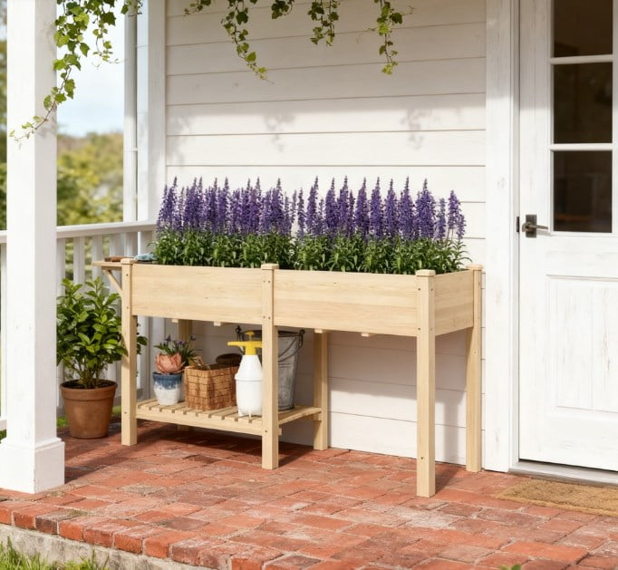 Elevated Garden Bed, Wood Raised Garden Box with Side Table, Bottom Shelf, Bed Liners and Drainage Holes