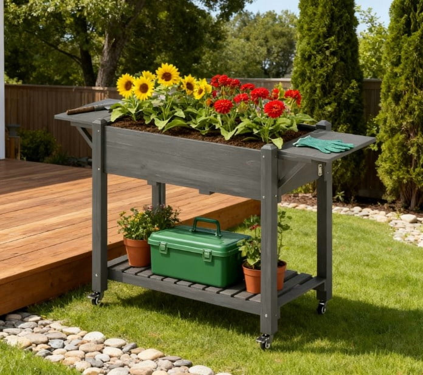 Elevated Garden Bed, Wood Raised Planter Box with Lockable Wheels, Side Tables, Bottom Shelf, Drain Holes