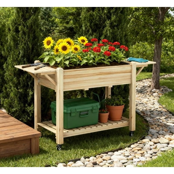 Elevated Garden Bed, Wood Raised Planter Box with Lockable Wheels, Side Tables, Bottom Shelf, Drain Holes