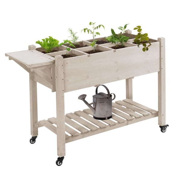 Elevated Garden Bed with 8 Plant Grids, Storage Shelf & Lockable Wheels for Easy Gardening