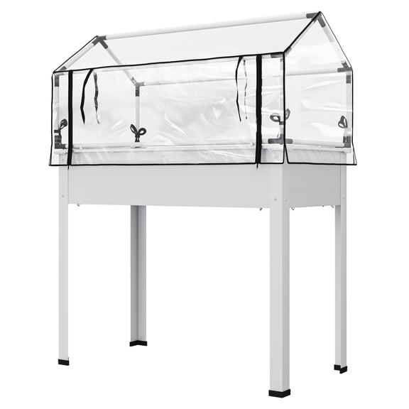 Elevated Garden Box with Greenhouse Cover, Raised Garden Bed with Legs and Drainage Hole for Vegetables, White