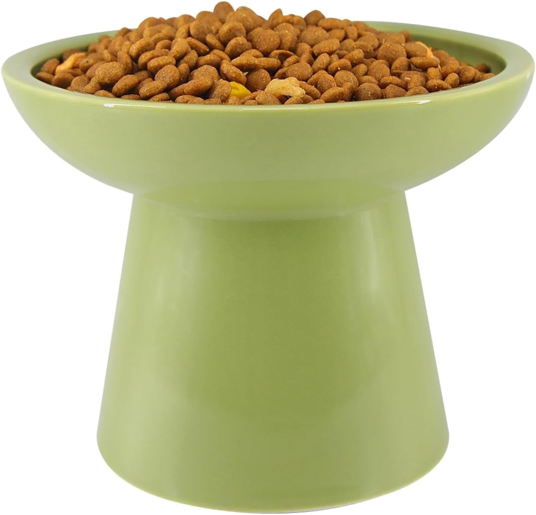 Elevated Green  Bowls Set - Wide Raised Ceramic Feeder, Anti-Vomit -Free Bowl for Kittens to Adult Cats