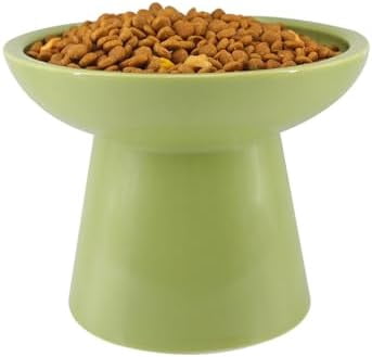 Elevated Green Cat Bowls Set - Wide Raised Ceramic Feeder, Anti-Vomit Whisker-Free Bowl for Kittens to Adult Cats