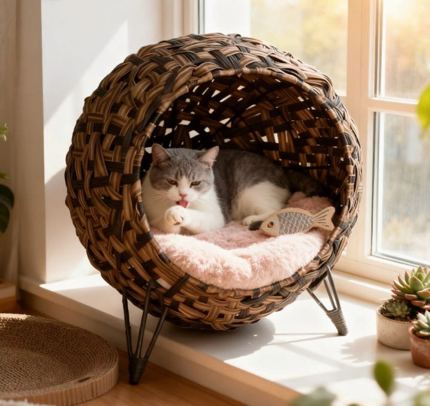 Elevated Hand-Woven Banana Leaf Cat House, Brown Wicker Cat Condo with Soft Cushion, Metal Tripod Base, Ventilated Enclosed Cat Bed for Cats Under 11 lbs