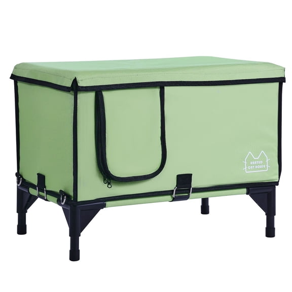 Elevated Heated Cat House, Cuboid Kitty Shelter with Adjustable Temperature and Timer, 900D Oxford Cloth Foldable Cat Shelter with Heated Pad for Wint