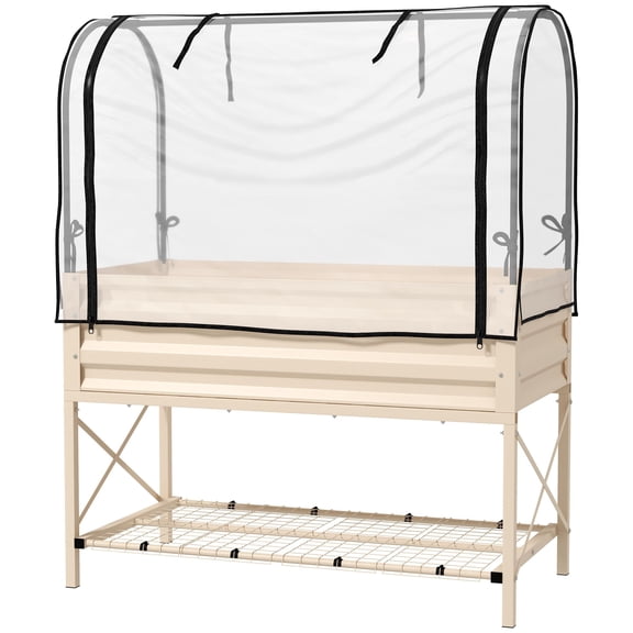 Elevated Metal Planter Box with Legs, Cover, and Bottom Shelf - Cream Garden Bed with Liner