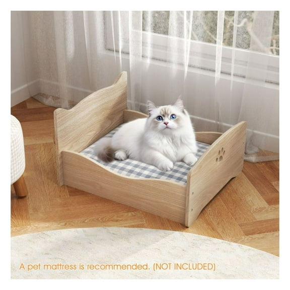 Elevated Pet Bed Frame with Rails, Cute Headboards for Small Pets - 21x18x20in, MDF Particle Board, Cat Puppy Rabbit Guinea Pig Bed, Easy Assembly, Natural Finish