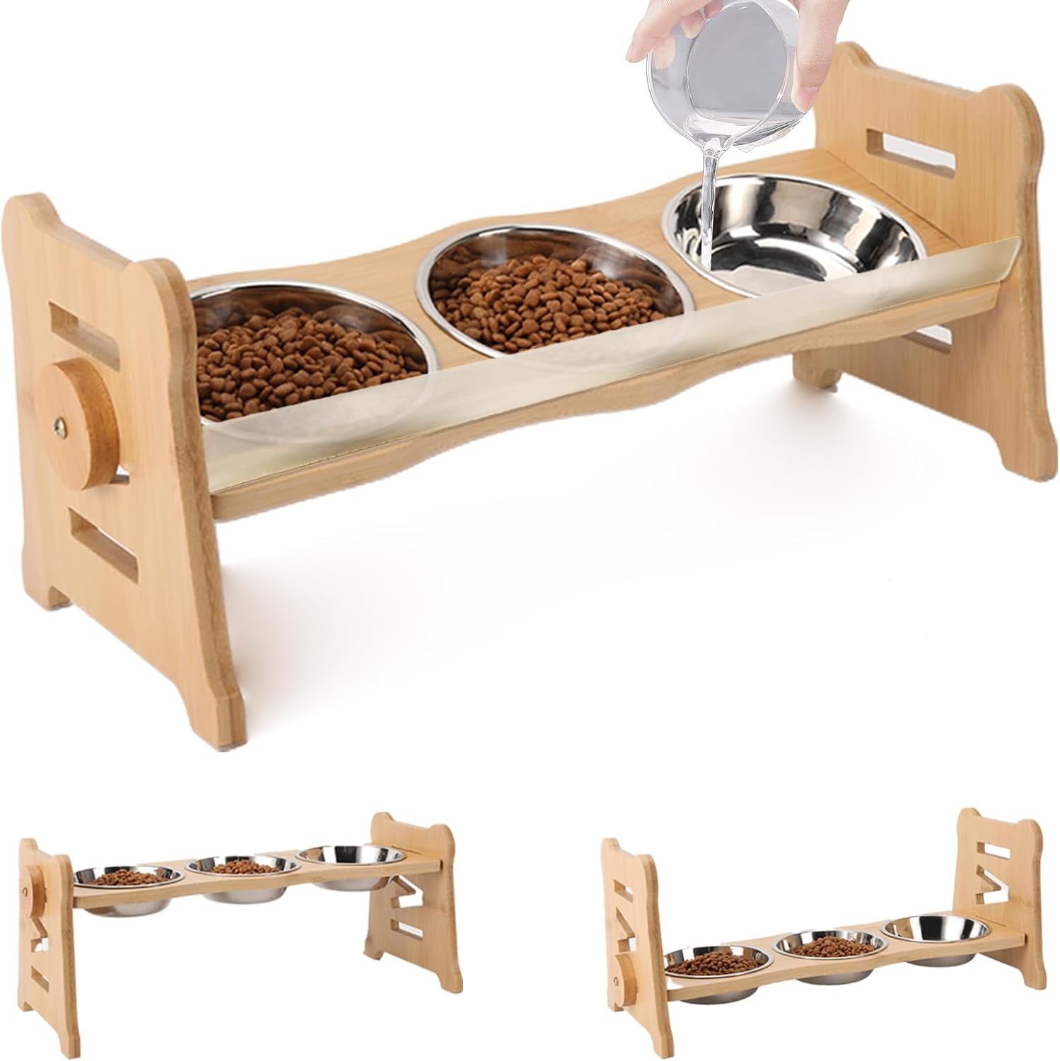 Elevated Pet Bowls for Cats & Small Dogs, Elevated and 15° Tilted Stainless Steel Elevated Cat Food Bowl with Bamboo Stand and Rubber Strip to Prevent Overflow for Indoor Cats and Pets