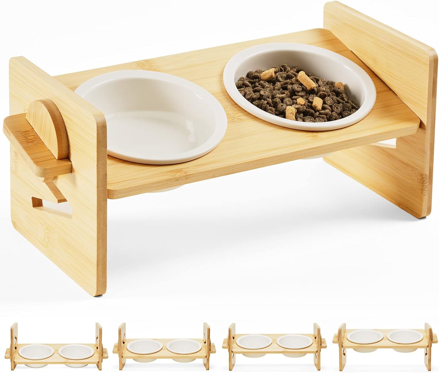 Elevated Pet Bowls for Cats & Small Dogs, Natural Bamboo with Ceramic