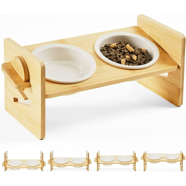 Elevated Pet Bowls for Cats & Small Dogs, Natural Bamboo with Ceramic