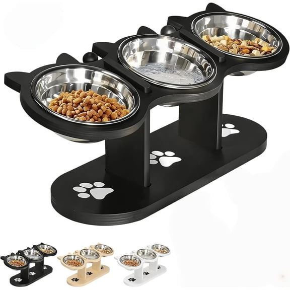 Elevated Pet Feeder 3 Stainless Steel Bowls Adjustable Height Stand(Black)