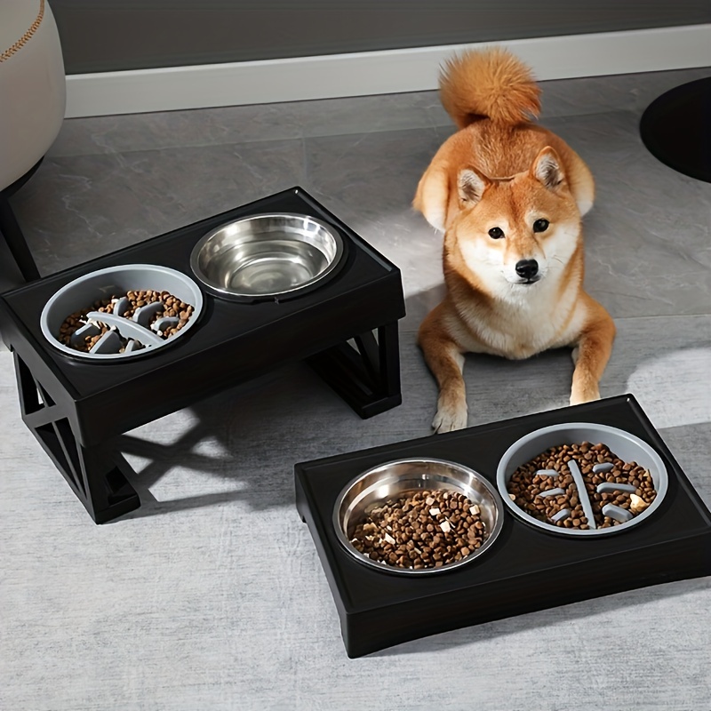 Elevated Pet Feeder Stand With Stainless Steel Bowl And Slow Feeder Bowl, Height Adjustable