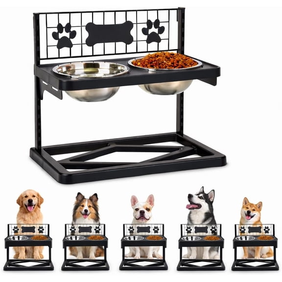 Elevated Pet Feeder with Stainless Steel Bowls - Raised Double Dog Bowls Stand with Paw Print & Bone Decor