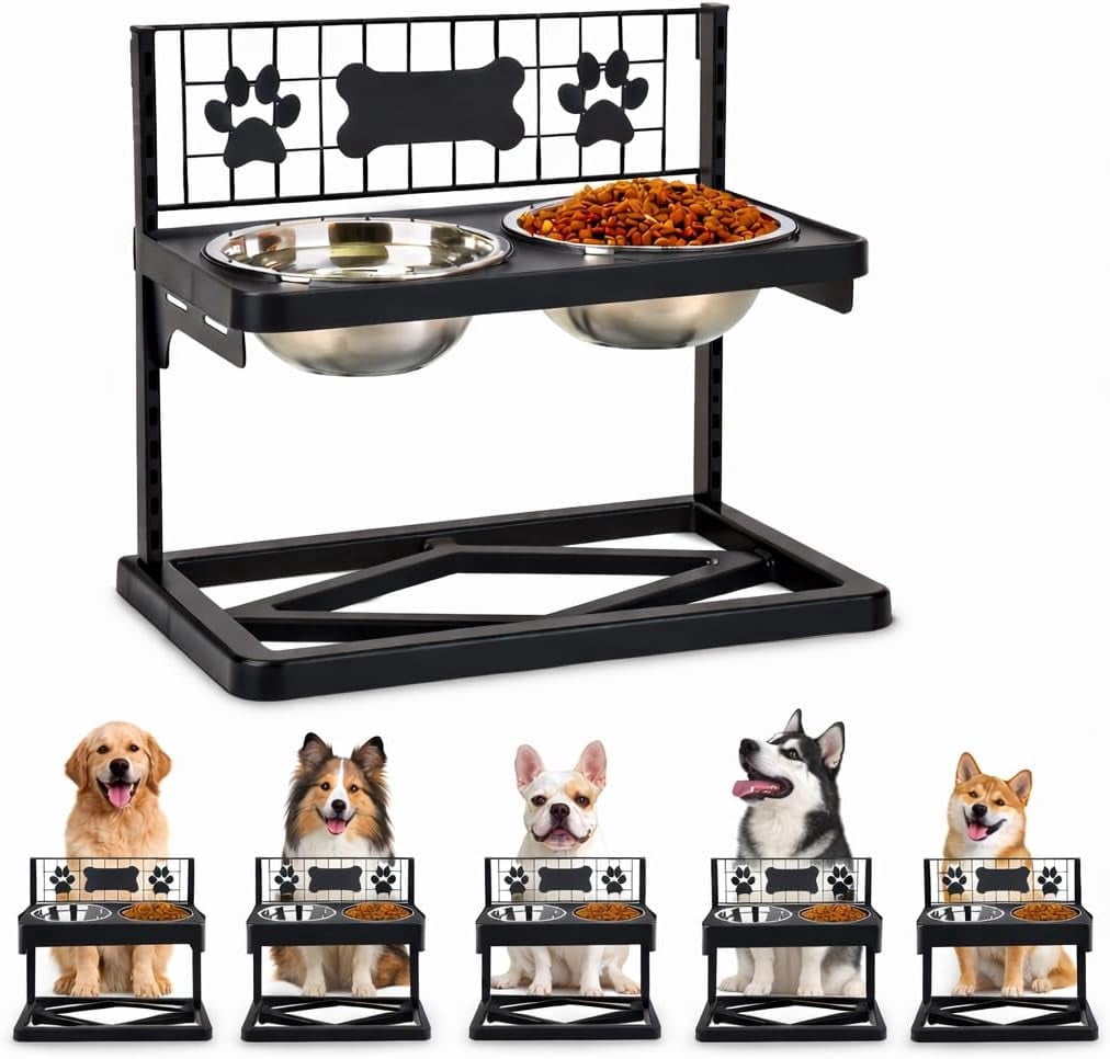 DOULAIMENG Adjustable Height Large Stainless Steel Food Bowl with 2 Stainless Steel Dog Bowls for Dogs, Black Paw Print