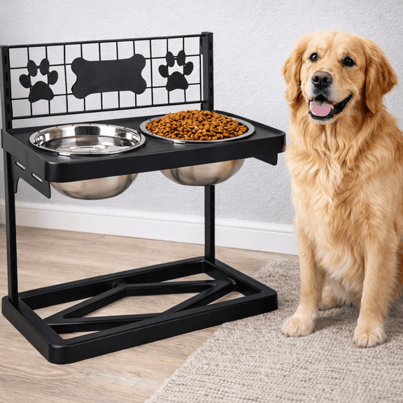 Elevated Pet Feeder with Stainless Steel Bowls - Raised Double Dog Bowls Stand with Paw Print & Bone Decor