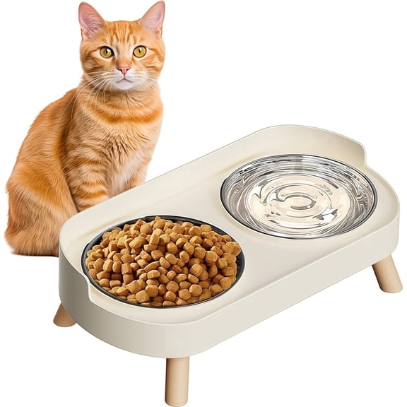 Elevated Pet Feeder with Wooden Stand,2 Removable Stainless Steel Bowls,Spill Proof Raised Bowl for Cats & Small Dogs,1 Set