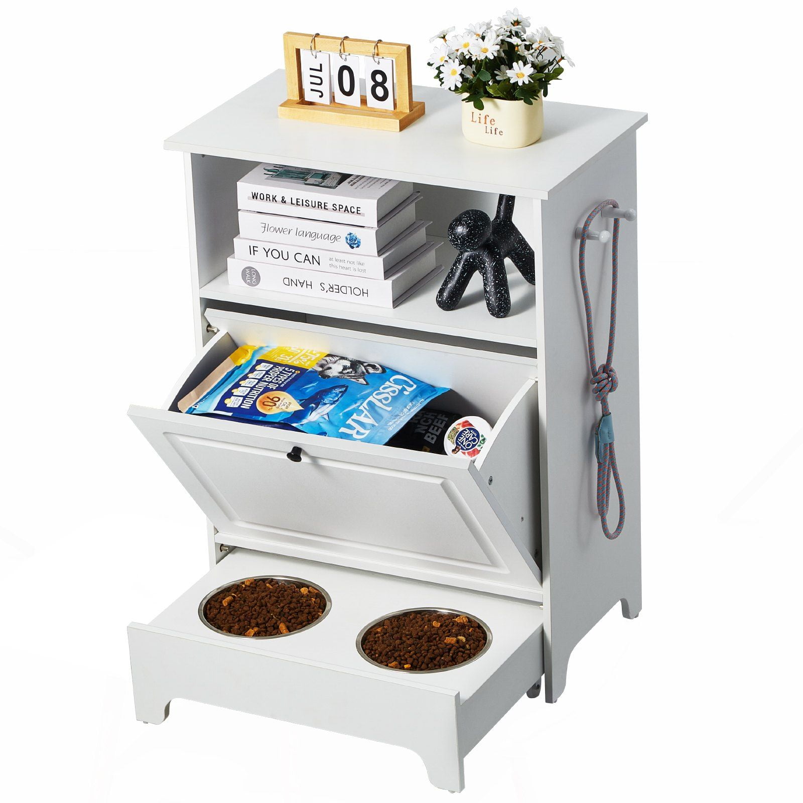 Elevated Pet Feeding Station with 2 Stainless Steel Bowls, Storage Cabinet, Tilt-Out Food Drawer, Toy Organizer, Ergonomic Dog Feeder for Small Dogs