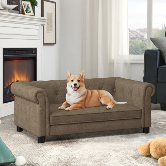 Elegant Rectangular Pet Bed For Small Medium-sized Dogs Durable Elevated Sofa Bed Comfortable Sofa Modern And Fashionable Linen Fabric Dog Sofa-brown